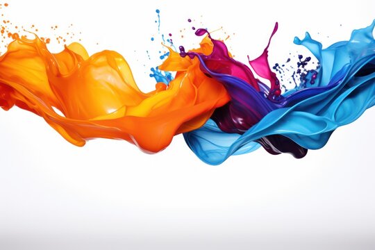 two waves of multicolored liquid paint splashes moving towards each other on white background 