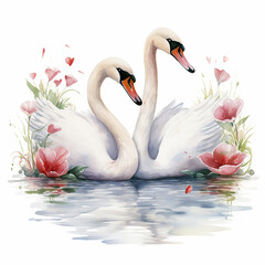 2 white swans Valentine's day watercolor illustation style on white background