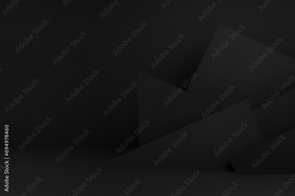 Poster luxury black stage mockup with abstract geometric pattern of angles, polygons and triangles as relie