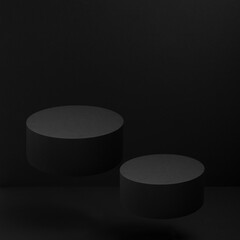 Two black round podiums levitate, set, mockup on black background with shadow. Template for presentation cosmetic products, gifts, goods, advertising, design, display, showing in rich modern style.