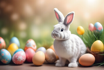 Fototapeta na wymiar easter bunny with easter eggs background 