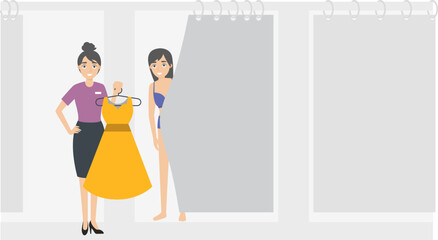 The shopping guide in the fitting room is helping customers choose clothes