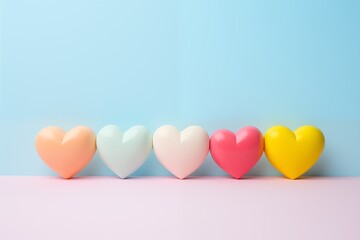 Simple five colorful pastel hearts, on pastel blue and pink background with space for text. Valentine's day concept, love.