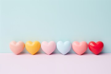 Simple six colorful pastel hearts, on pastel blue and pink background with space for text. Valentine's day concept, love.