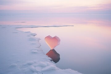 Minimalist landscape of simple mirror in the shape of a heart, on an ice cap north pole, icebergs.