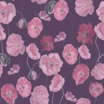 Pink poppies on purple background