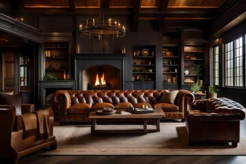 Obraz premium A large, leather Chesterfield sofa is the centerpiece of this room, surrounded by warm wood accents and a stone fireplace. Soft throws and plush cushions create a welcoming atmosphere. 