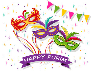 Colorful carnival masks on the background of confetti. Happy Purim, Mardi Gras. Banner, poster, vector