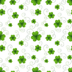Seamless pattern, clover leaves, shamrock with tendrils. Background for the holiday of St. Patrick. Print, textile, vector