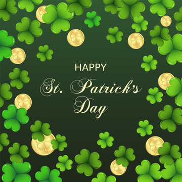 St. Patrick's Day, dark green background with shamrock leaves and golden coins. Postcard, banner, poster, vector
