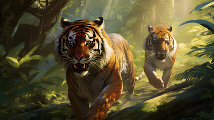 a graceful scene capturing Tigers Prowling in the Jungle, featuring elegant tigers, stealthy movements, lush jungle landscapes, and mesmerizing gazes, illustrating the grace and beauty of tigers