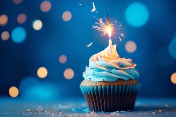 Close-up of birthday cupcake with one candle on blue background with flying confetti and bokeh