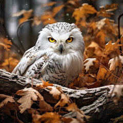 Obraz premium An abstract shot of colorful autumn leaves scattered on a mossy forest floor with wild owl created with Generative Ai