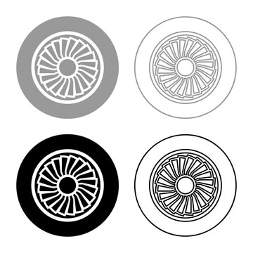 Turbine airplane turbomachine jet engine aircraft motor fan plane set icon grey black color vector illustration image solid fill outline contour line thin flat style