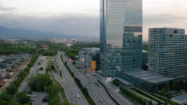 Aerial view of Esentai Tower on Al-Farabi avenue. Almaty, Kazakhstan.
