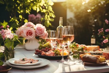 Fototapeta na wymiar Holiday summer brunch party table outdoor in a house backyard with appetizer, glass of rosé wine, fresh drink and organic vegetables