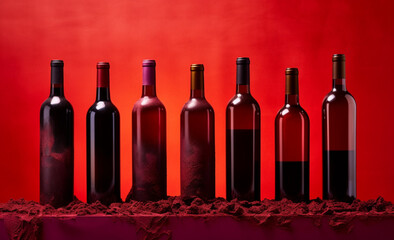 Bottles of red wine beautifully lined up on a red background, an image of sophistication and chromatic passion 