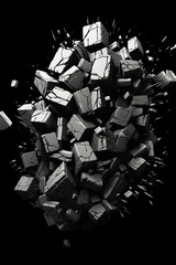 black and white 3D blocky graffiti rubble, explosion, thick linework, black background created with Generative Ai