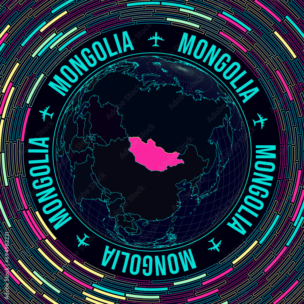 Poster mongolia on globe. satellite view of the world centered on mongolia. bright neon style. futuristic r