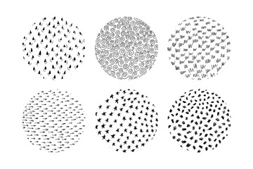 Set of abstract ink texture or background in round shape. Arrows, curves, scribbles, curves, stars, drops. Contemporary trendy illustration or icon templates