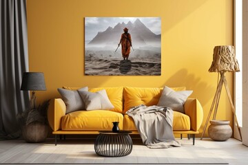 Mockup poster in the living room, the yellow sofa in bohemian style
