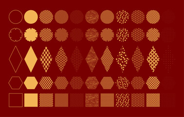 Traditional Asian patterns geometric elements collection, gold on red. Flat vector illustration. Design concept, clipart for Lunar New Year, Mid Autumn Festival, CNY, Seollal, Tet card, banner, poster
