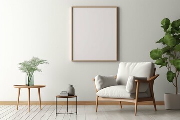 Mockup poster square frame on the wall in living room interior with armchair