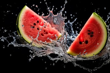 Ripe watermelon cut in half with water splash flying in the air