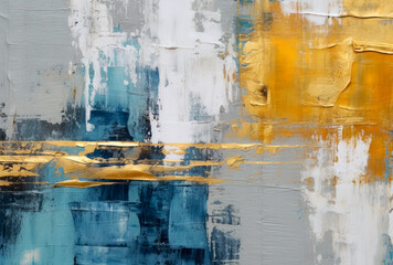 Splashes of bright paint on the canvas.Gold, black, blue and gray colors. Interior painting. Beautiful background. Generative AI.