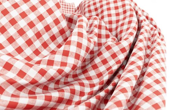 3D render of wavy in air red checkered tablecloth fabric on white background with realistic materials, fluttering cloth. 3D ads slow motion animation motion design wallpaper