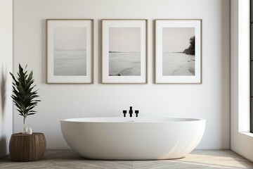 Two blank posters in minimalism style interior with classical white bathtub,