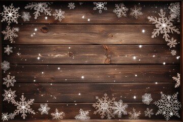 Winter / Advent / Christmas Background template - Frame made of snow with snowflakes and ice crystals on brown wooden texture,