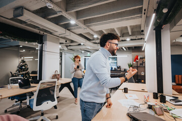 Fototapeta premium Business team discussing financial growth and market analysis.