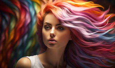 Sensual woman with radiant rainbow-colored hair flowing dynamically, her gaze intense and thoughtful, embodying creativity and diversity