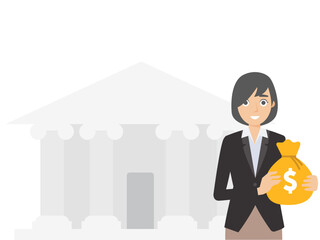 Business women holding money bags standing in front of the bank