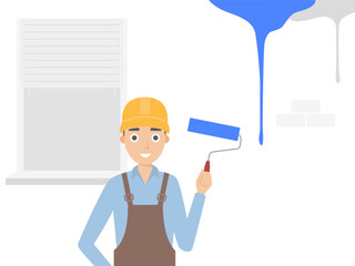 The painter is painting the outdoor wall