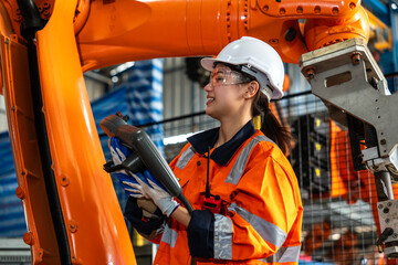 Asian female mechanical engineer holds remote control and maintains a robot arm used to assemble...