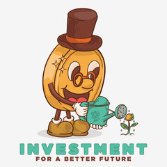 funky coin mascoot with face watering trees for investment concept vector illustration 