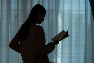 In silhouette, Pregnant woman reading a stories to her unborn child in the living room at home