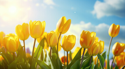 Obraz premium Bright and colorful field of blooming yellow and white tulips under a clear blue sky with the sun shining vividly above.