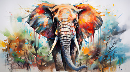 Watercolor painting of a elephant in the wild with dynamic strong brush strokes, vibrant colors, and abstract colors, illustration