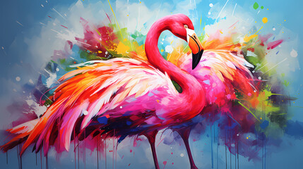 Watercolor painting of a flamingo in the wild with dynamic strong brush strokes, vibrant colors, and abstract colors, illustration