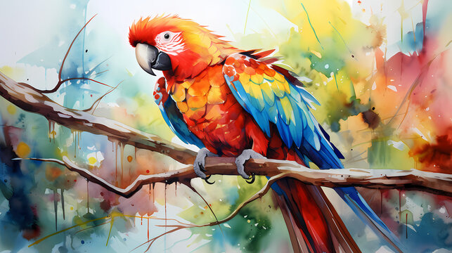 Watercolor painting of a parrot in the wild with dynamic strong brush strokes, vibrant colors, and abstract colors, illustration