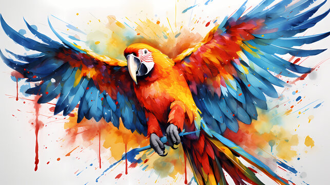 Watercolor painting of a parrot in the wild with dynamic strong brush strokes, vibrant colors, and abstract colors, illustration