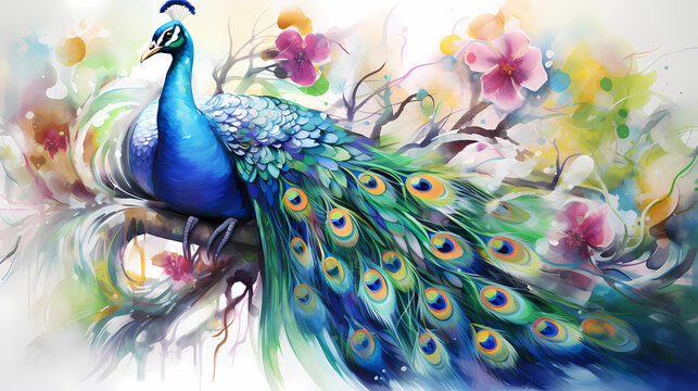 Watercolor painting of a peacock in the wild with dynamic strong brush strokes, vibrant colors, and abstract colors, illustration