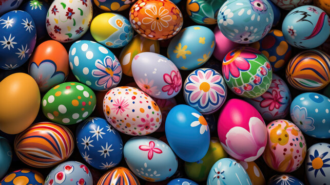 Collection of colorful Easter eggs, each decorated with various patterns and designs, symbolizing the festive spirit of the Easter holiday.