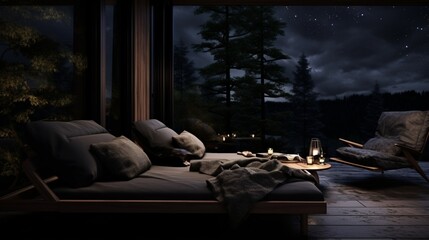 The moody outdoor terrace of Nordic Noir Sleeping Nook, with sleek outdoor furniture, dimmed lighting, and a view of the night sky, providing a contemplative and enigmatic retreat. - obrazy, fototapety, plakaty