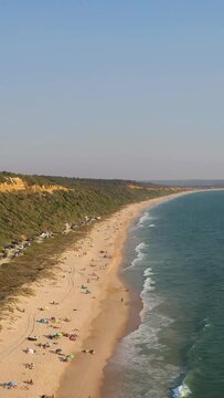 Fonte da Telha Beach and Atlantic Ocean. Portugal. Cliffs and Trees. Aerial View. Drone Flies Forward. Vertical Video
