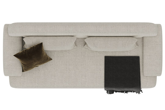 top view of white fabric sofa, with brown and white linen cushions and black blanket, for interior 2d floor plan render, 3d rendering, on transparent background	