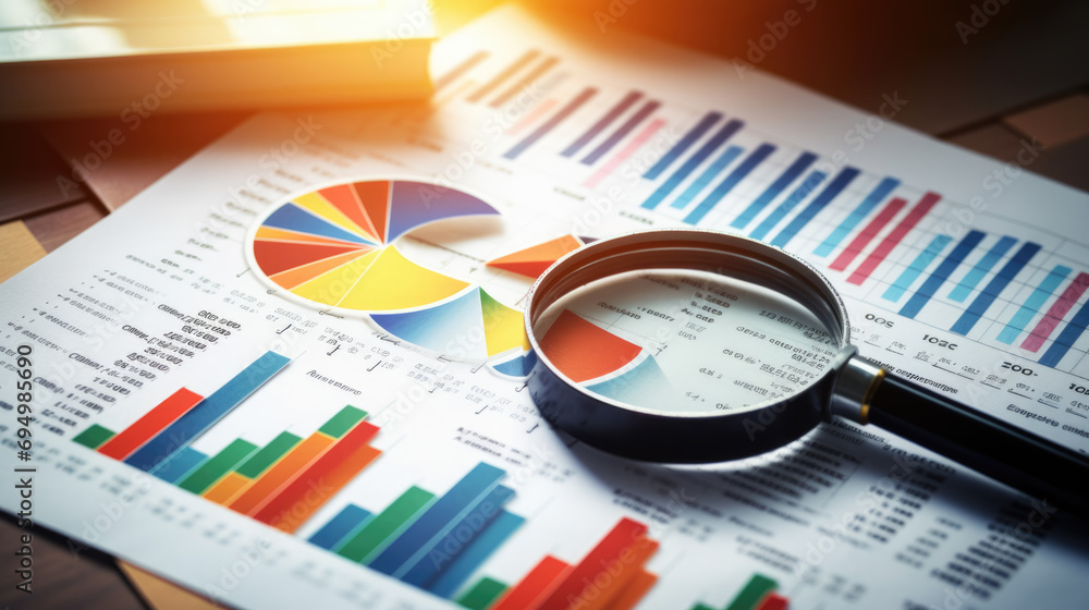 Poster printed business documents with colorful charts and graphs being analyzed through a magnifying glass
